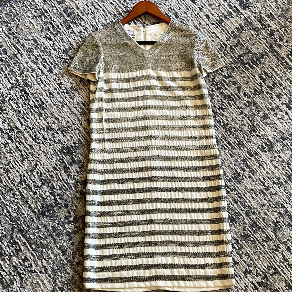 Cream and Silver Sheath Midi Dress with Crew Neck